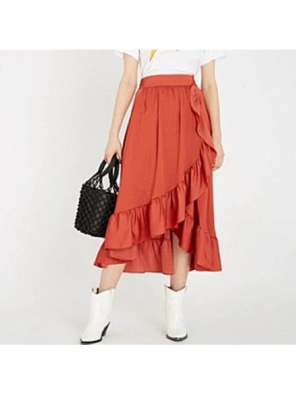 Elle Asymmetrical wrap effect ruffled midi skirt size medium